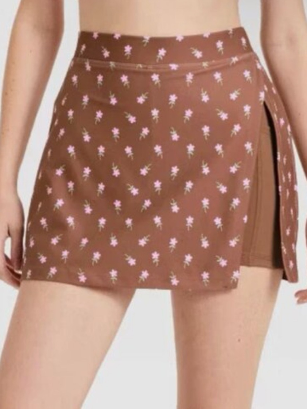 JoyLab Brown & Pink Floral Wrap Mini Workout Skort